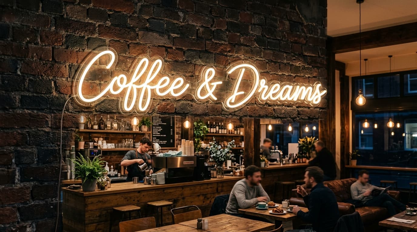 Custom warm-white LED neon cafe sign mounted on a dark feature wall