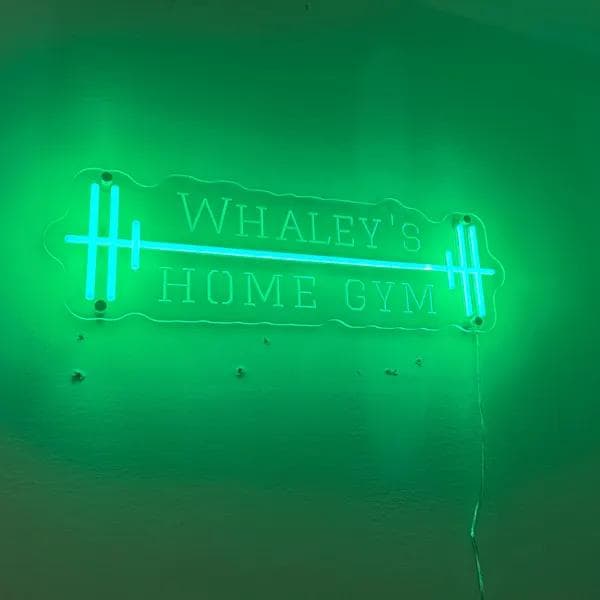 Vibrant cyan and magenta electric LED neon gamer controller and tag sign glowing on a modern gaming room wall